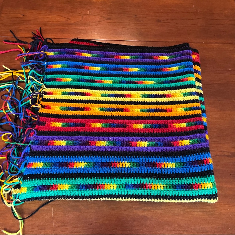 Handmade Crochet Afghan Throw Blanket Rainbow Striped Fringe Boho Retro